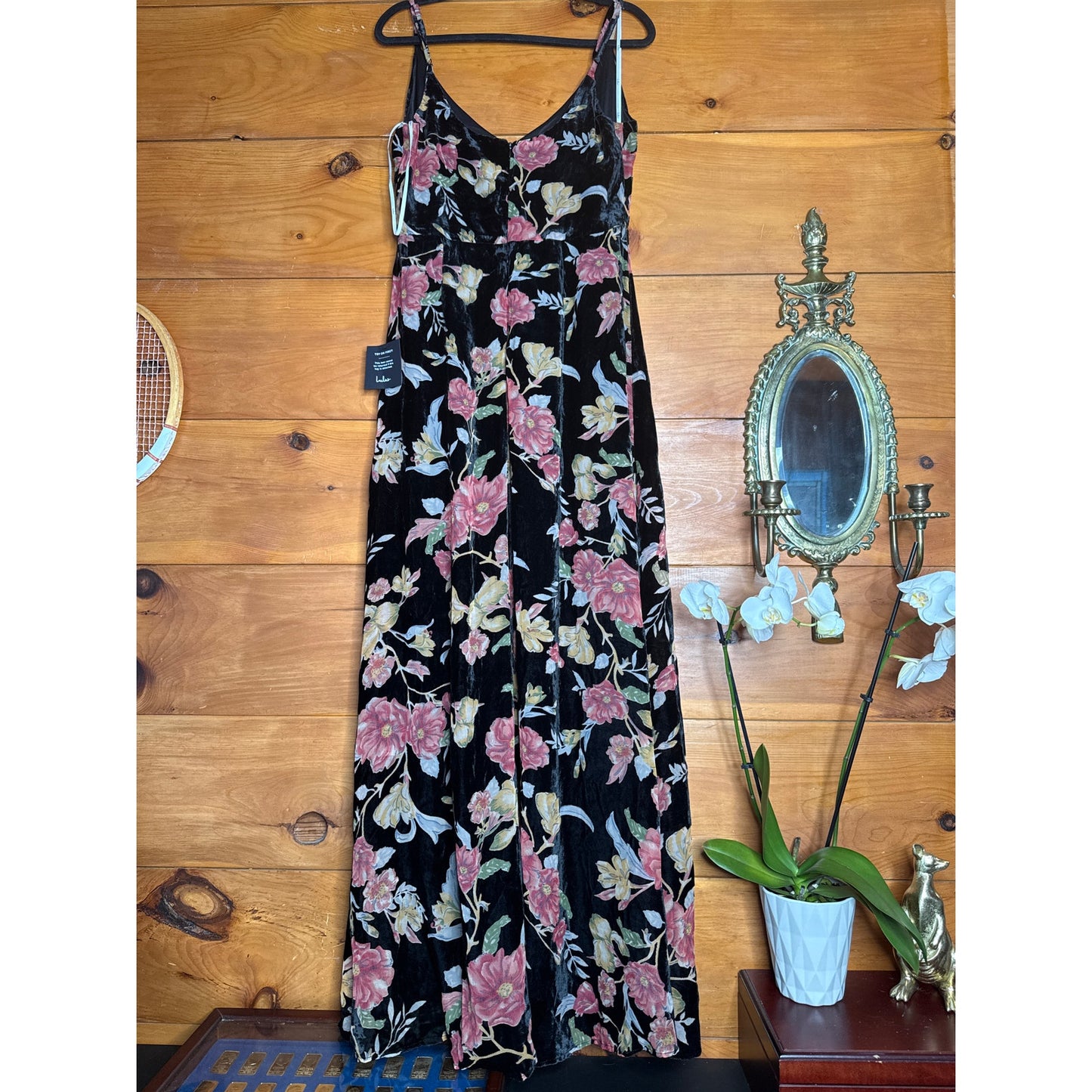 NWT Lulus Alluring Blooms Black Floral Burnout Velvet Maxi Dress Gala Banquet M