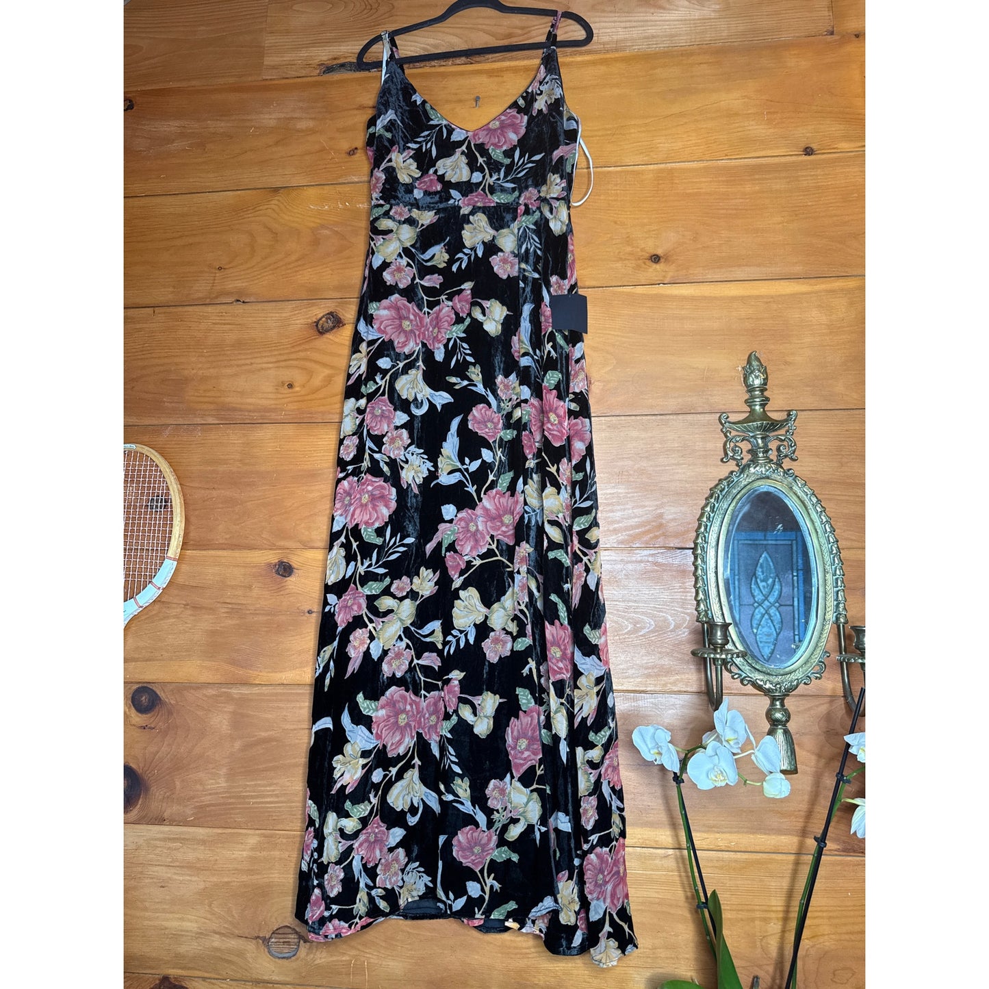 NWT Lulus Alluring Blooms Black Floral Burnout Velvet Maxi Dress Gala Banquet M